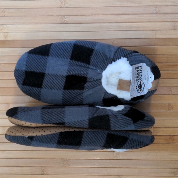 Buffalo Plaid Gray Black Fleece Slippers, TWO PAIRS, Size Med Large - Picture 1 of 5